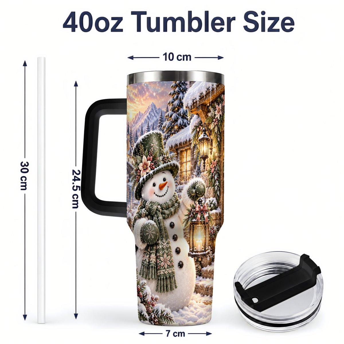 #pl[40oz|Black] Snowman at Winter Cottage Tumbler 40oz, Lantern Scene