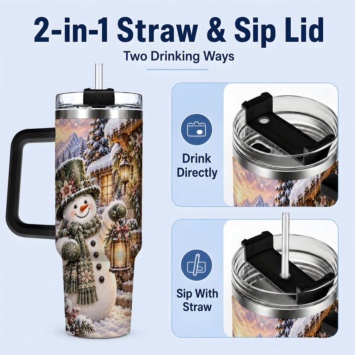 #pl[40oz|Black] Snowman at Winter Cottage Tumbler 40oz, Lantern Scene