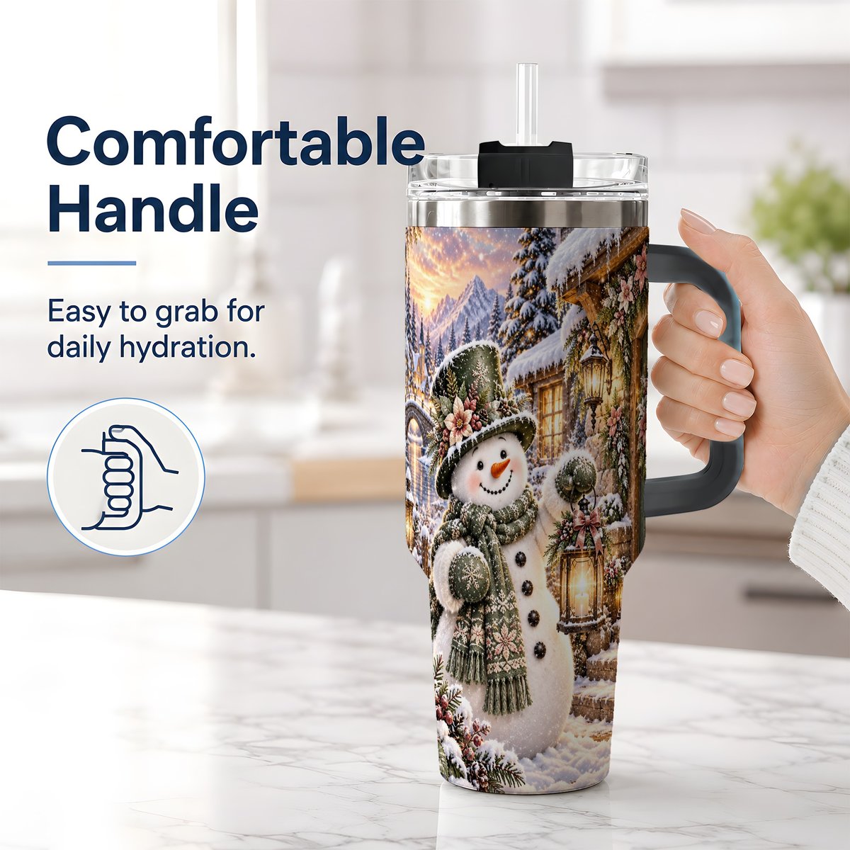 #pl[40oz|Black] Snowman at Winter Cottage Tumbler 40oz, Lantern Scene