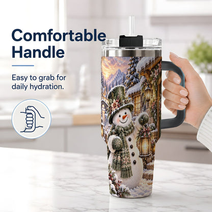 #pl[40oz|Black] Snowman at Winter Cottage Tumbler 40oz, Lantern Scene