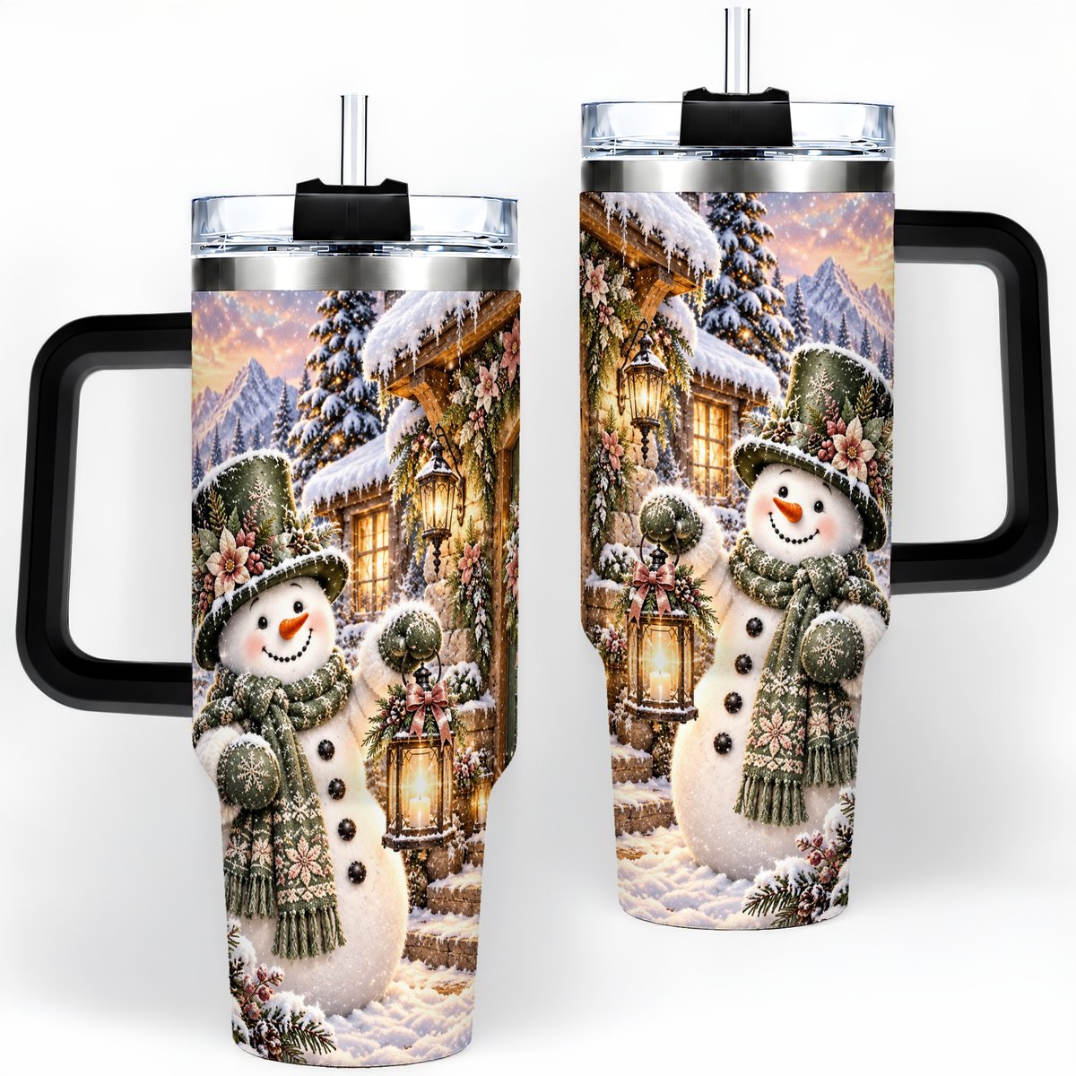 #pl[40oz|Black] Snowman at Winter Cottage Tumbler 40oz, Lantern Scene