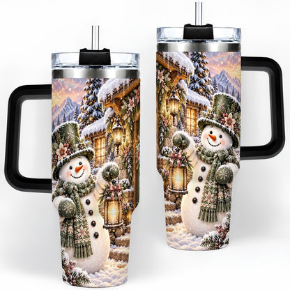 #pl[40oz|Black] Snowman at Winter Cottage Tumbler 40oz, Lantern Scene