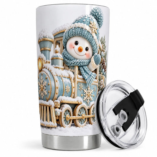 Christmas Snowman Train Tumbler 20oz, Vintage-Inspired Artwork