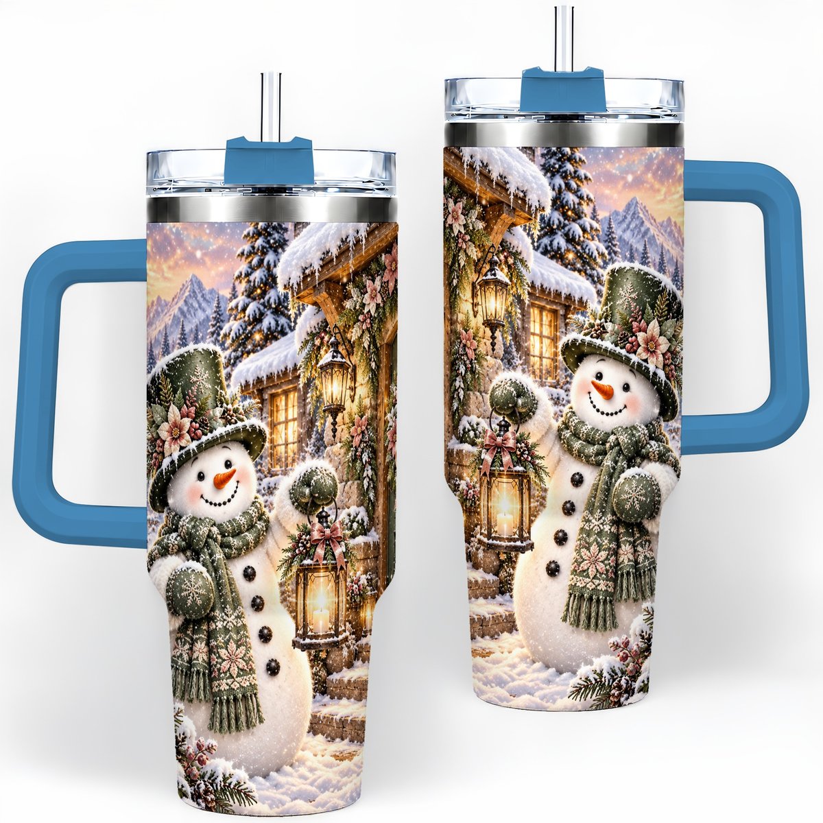 #pl[40oz|Blue] Snowman at Winter Cottage Tumbler 40oz, Lantern Scene
