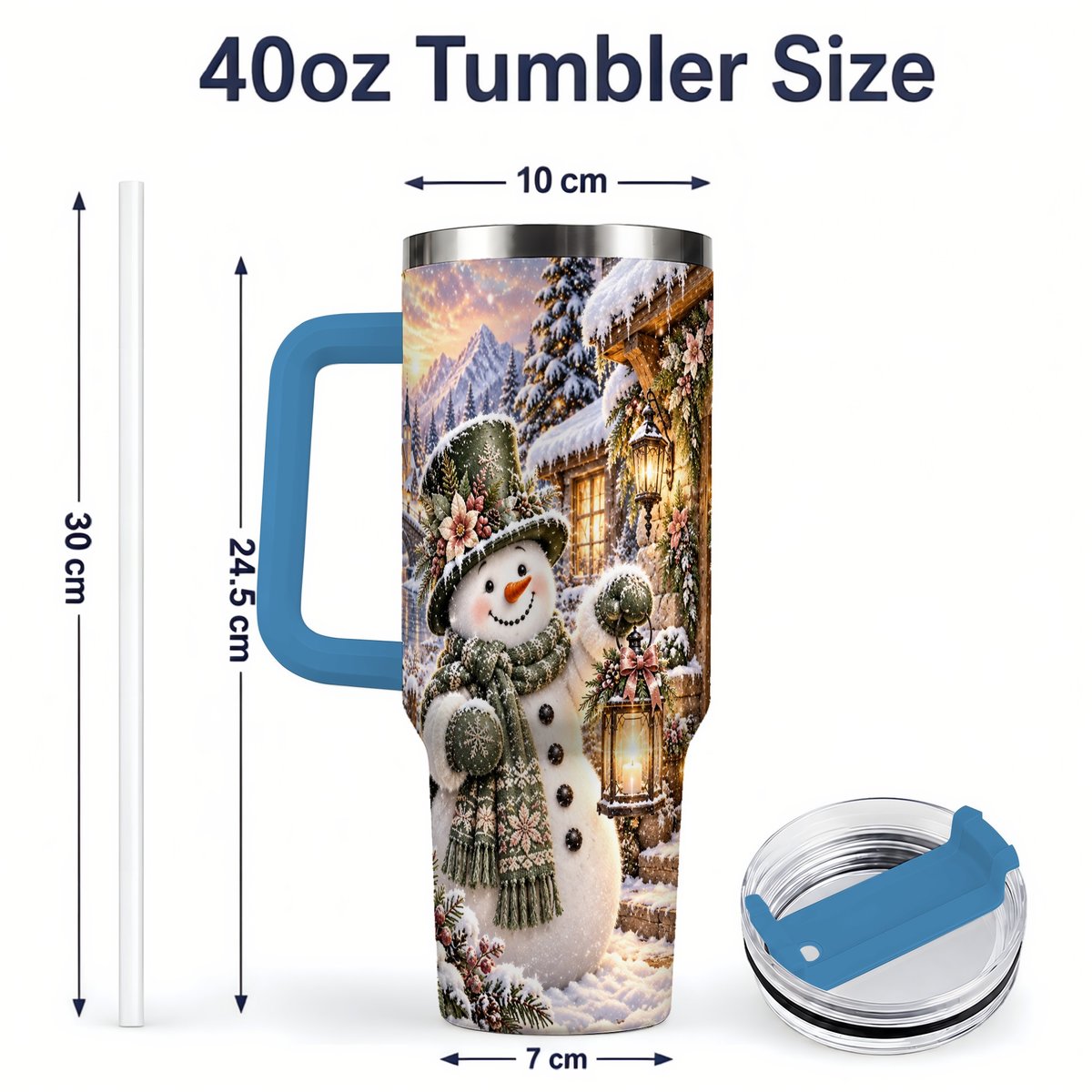 #pl[40oz|Blue] Snowman at Winter Cottage Tumbler 40oz, Lantern Scene