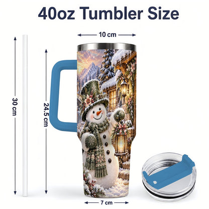 #pl[40oz|Blue] Snowman at Winter Cottage Tumbler 40oz, Lantern Scene