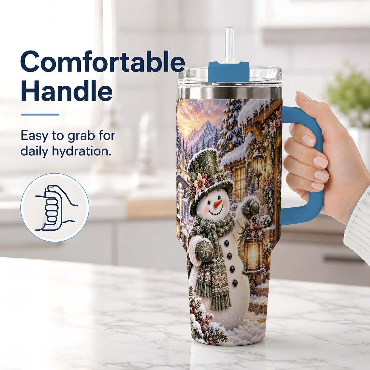 #pl[40oz|Blue] Snowman at Winter Cottage Tumbler 40oz, Lantern Scene