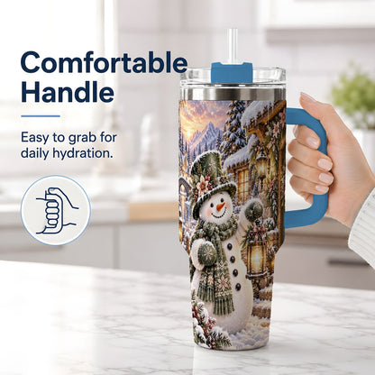#pl[40oz|Blue] Snowman at Winter Cottage Tumbler 40oz, Lantern Scene