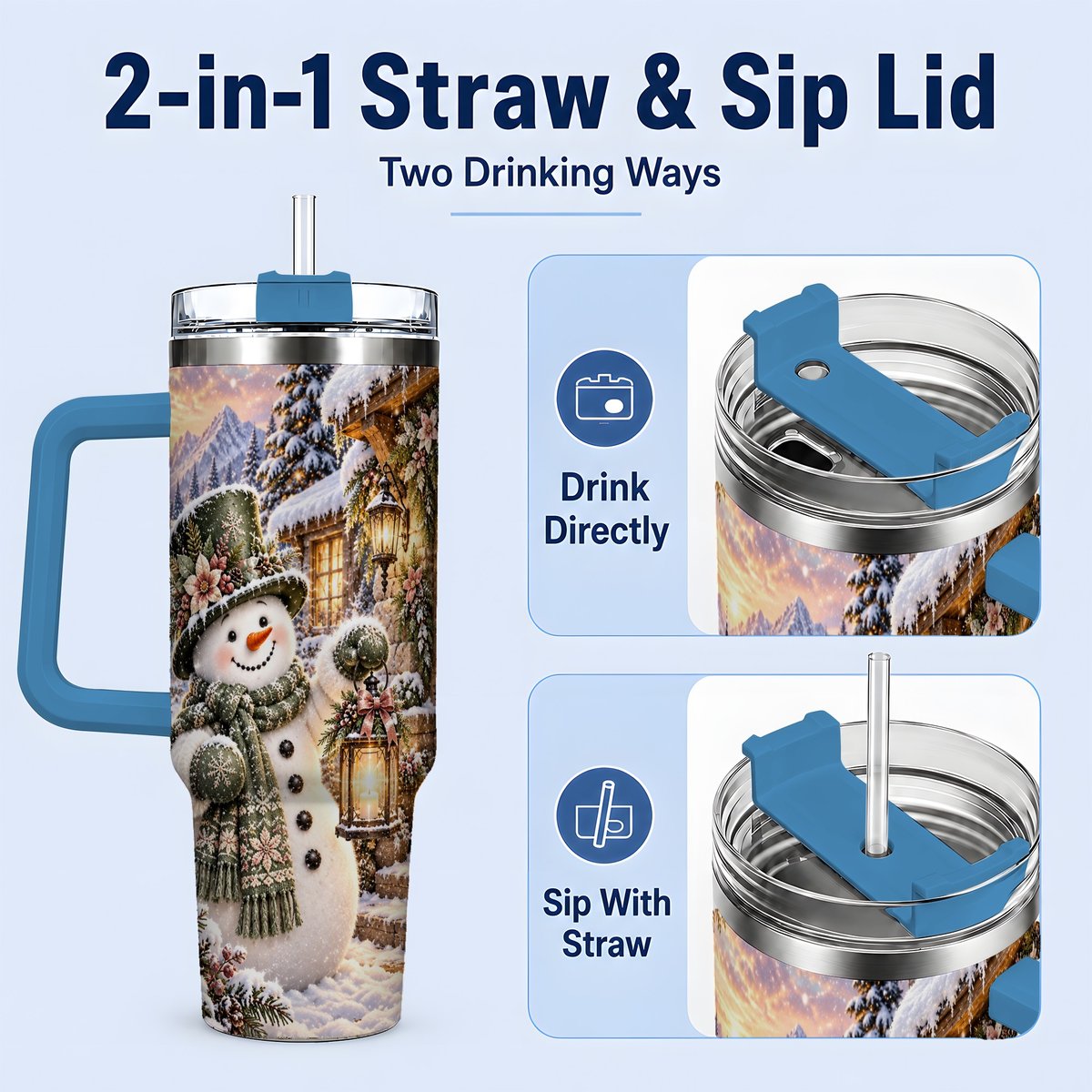 #pl[40oz|Blue] Snowman at Winter Cottage Tumbler 40oz, Lantern Scene