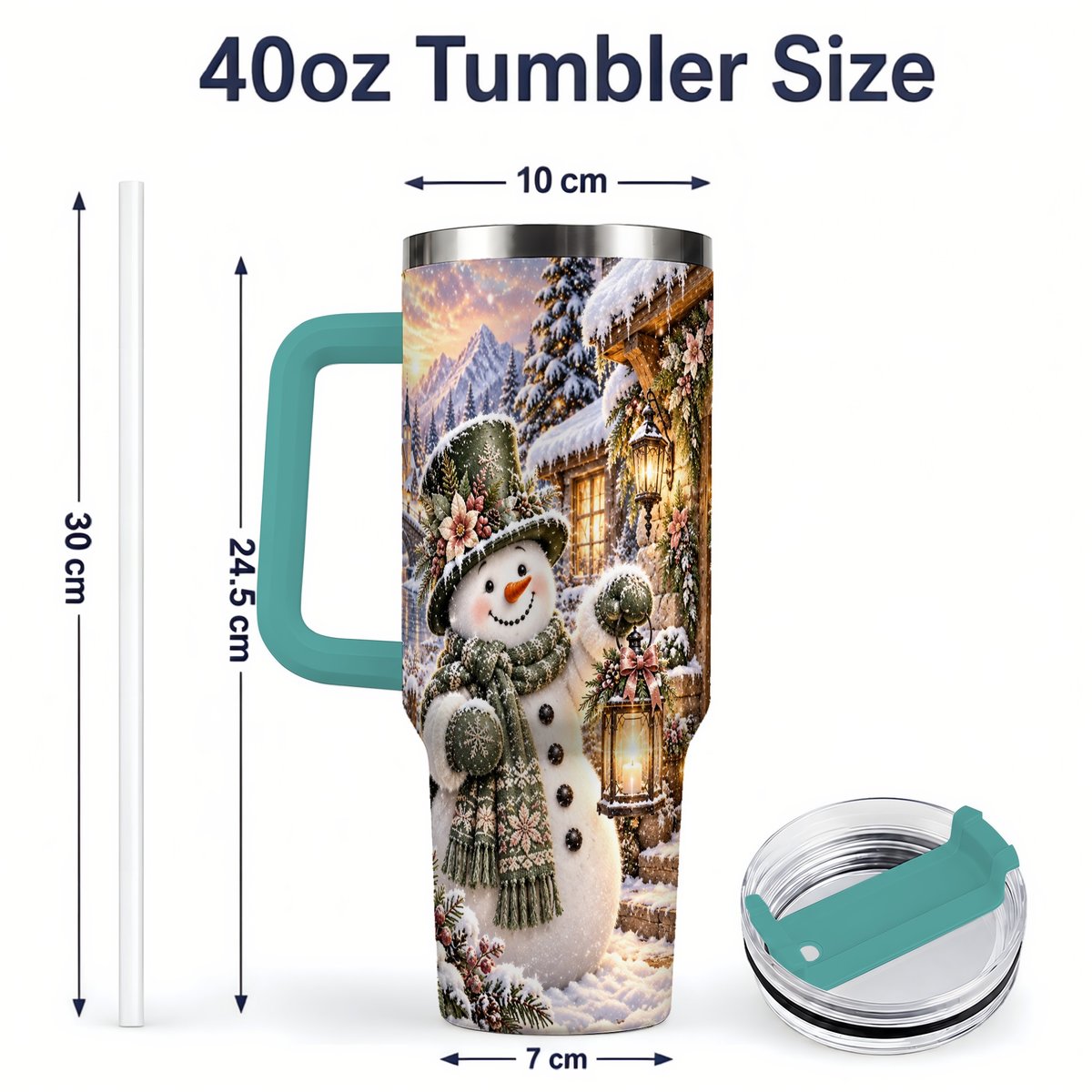#pl[40oz|Green] Snowman at Winter Cottage Tumbler 40oz, Lantern Scene
