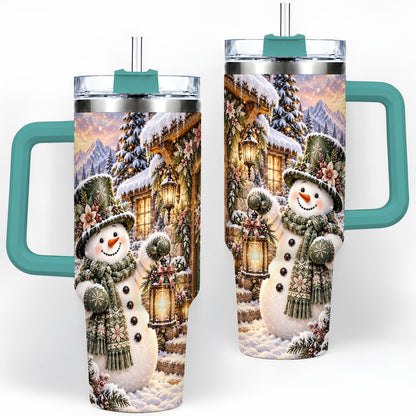 #pl[40oz|Green] Snowman at Winter Cottage Tumbler 40oz, Lantern Scene
