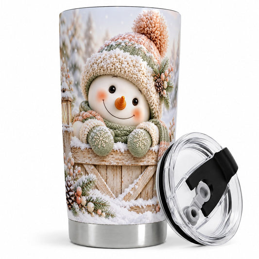 Winter Snowman Tumbler 20oz, Pastel Rustic Fence Design