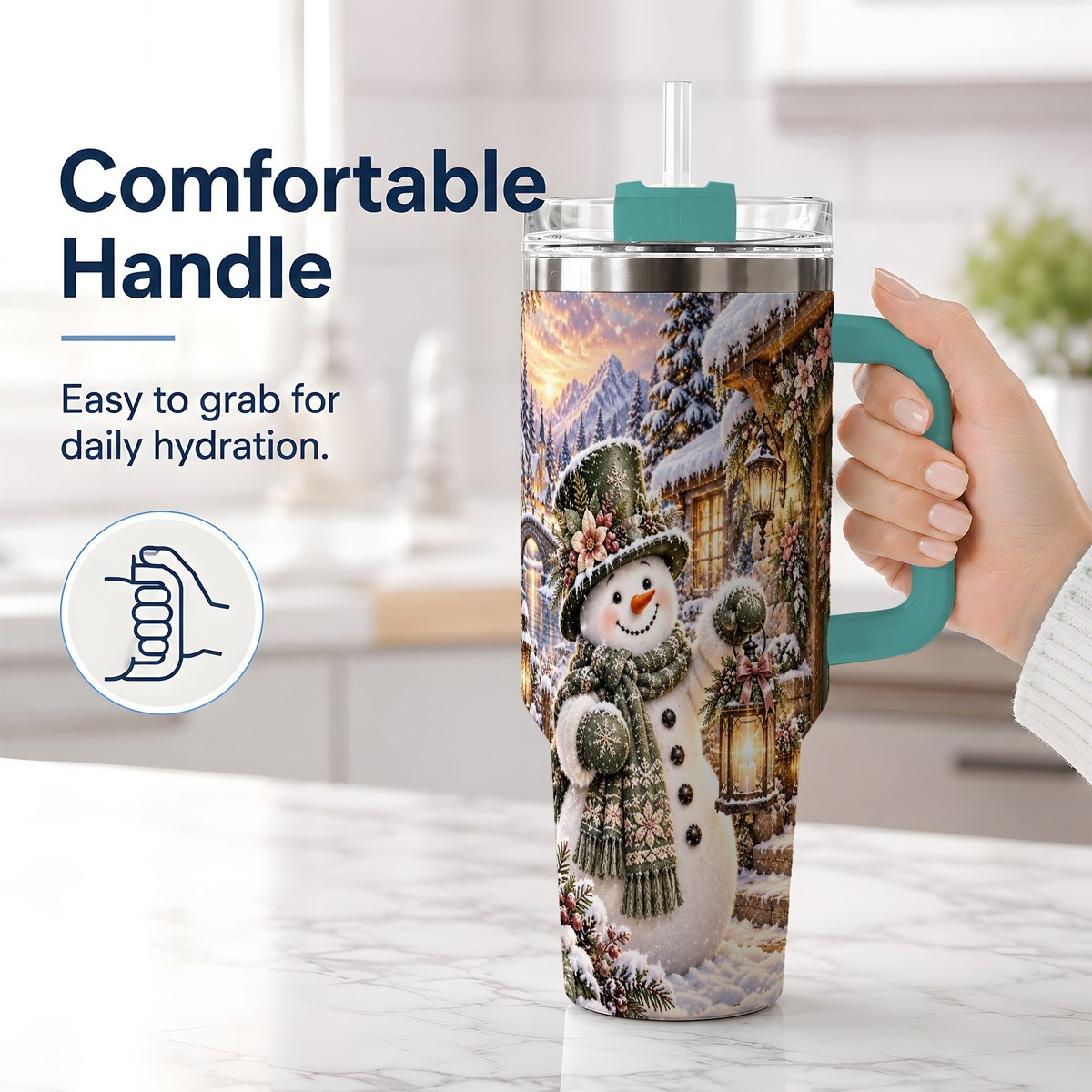 #pl[40oz|Green] Snowman at Winter Cottage Tumbler 40oz, Lantern Scene