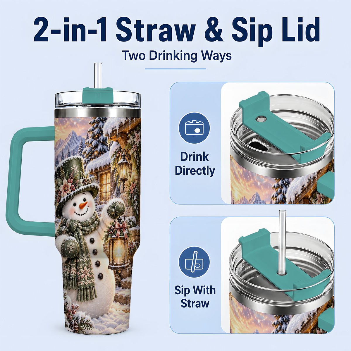#pl[40oz|Green] Snowman at Winter Cottage Tumbler 40oz, Lantern Scene