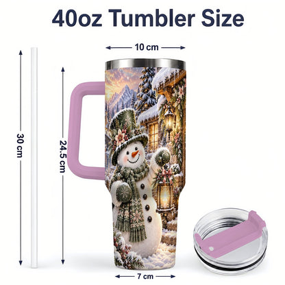 #pl[40oz|Pink] Snowman at Winter Cottage Tumbler 40oz, Lantern Scene