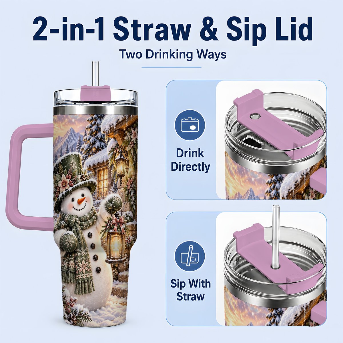 #pl[40oz|Pink] Snowman at Winter Cottage Tumbler 40oz, Lantern Scene