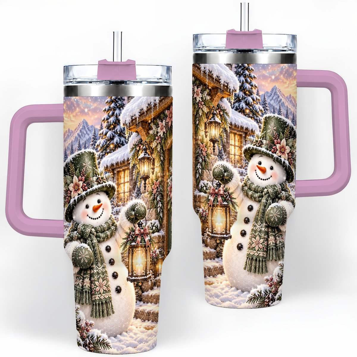 #pl[40oz|Pink] Snowman at Winter Cottage Tumbler 40oz, Lantern Scene