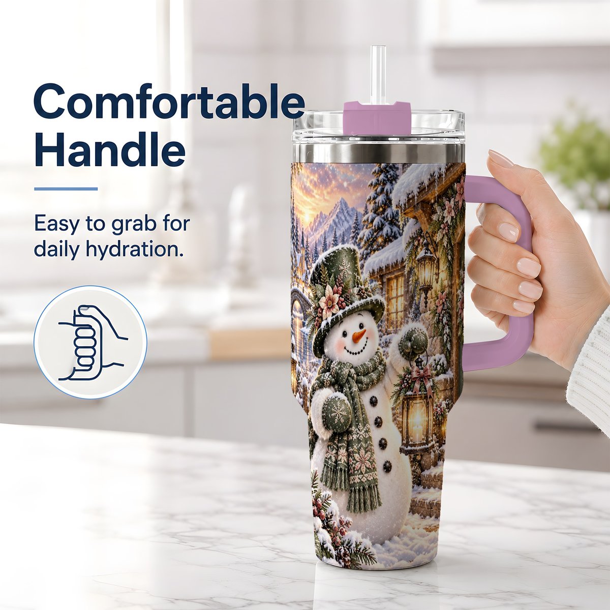 #pl[40oz|Pink] Snowman at Winter Cottage Tumbler 40oz, Lantern Scene