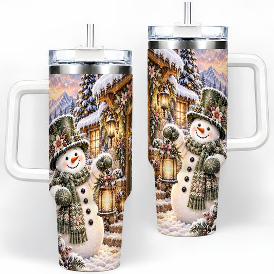 Snowman at Winter Cottage Tumbler 40oz, Lantern Scene