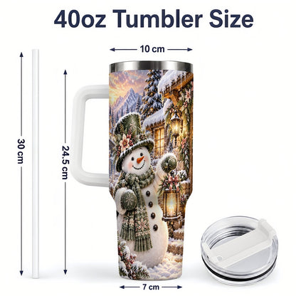 #pl[40oz|White] Snowman at Winter Cottage Tumbler 40oz, Lantern Scene