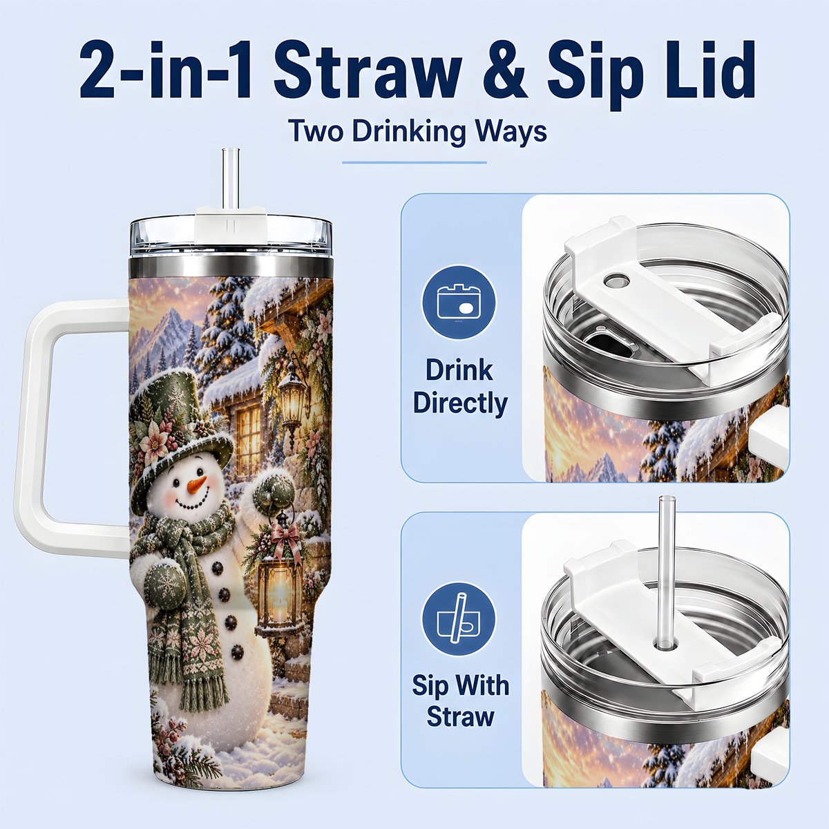 #pl[40oz|White] Snowman at Winter Cottage Tumbler 40oz, Lantern Scene