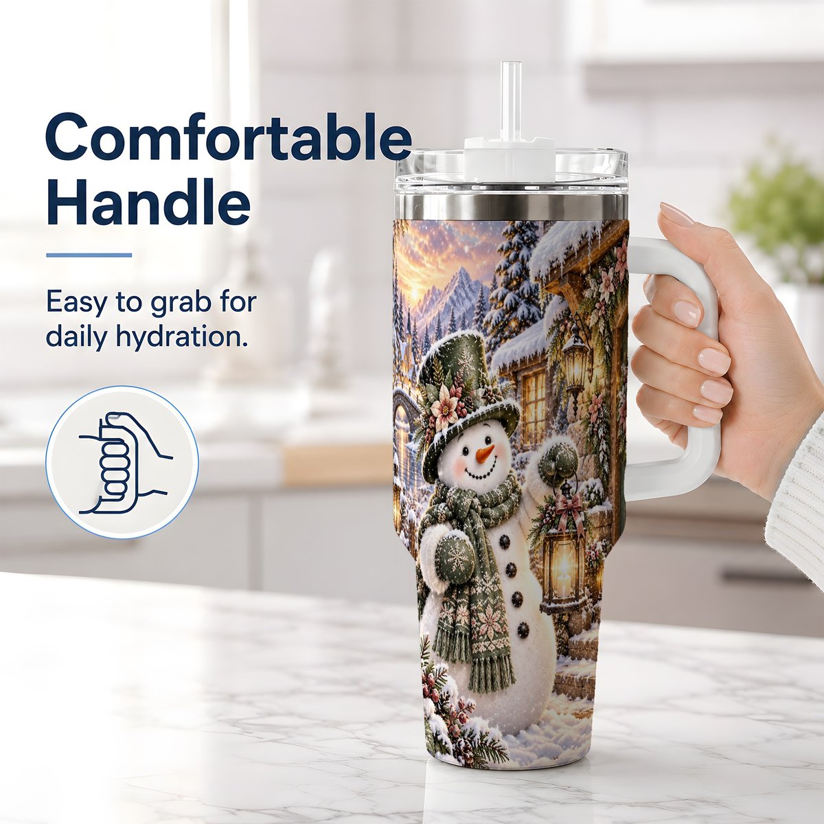 #pl[40oz|White] Snowman at Winter Cottage Tumbler 40oz, Lantern Scene