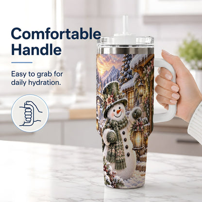#pl[40oz|White] Snowman at Winter Cottage Tumbler 40oz, Lantern Scene