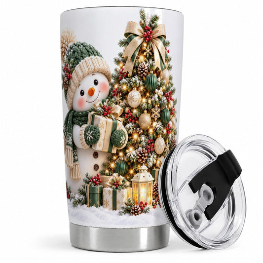 Christmas Snowman Tree Tumbler 20oz, Green and Gold Artwork