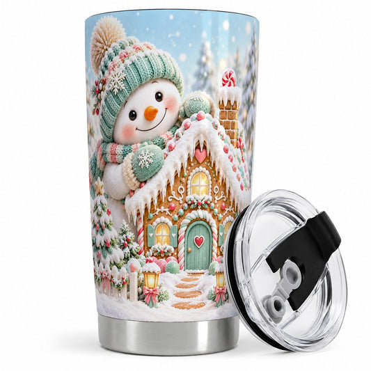 Christmas Snowman Gingerbread House Tumbler 20oz, Pastel Art