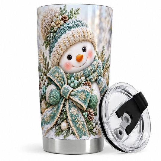 Christmas Snowman Bow Tumbler 20oz, Frosted Evergreen Design