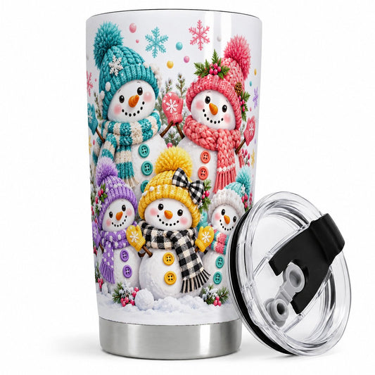 Colorful Christmas Snowmen Tumbler 20oz, Knitted-Look Art