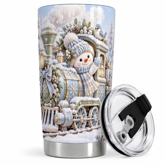 Christmas Snowman Train Tumbler 20oz, Winter Scene