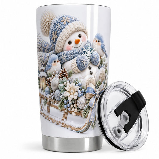 Snowman Sleigh with Bluebirds Tumbler 20oz, Winter Artwork