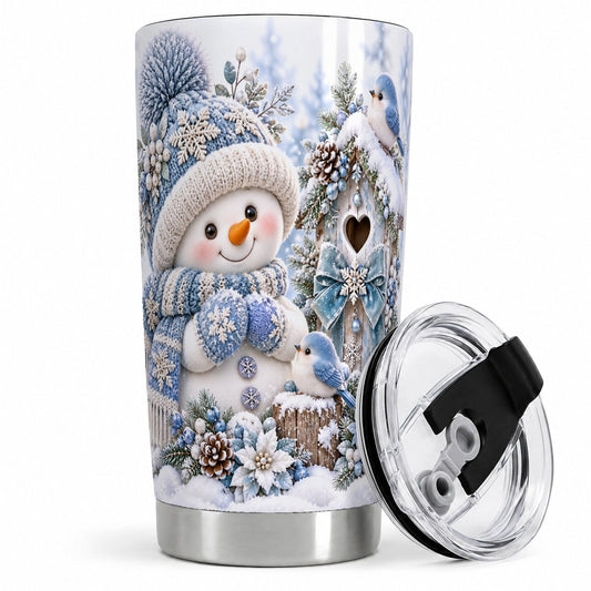 Snowman and Bluebirds by Birdhouse Tumbler 20oz, Winter Art