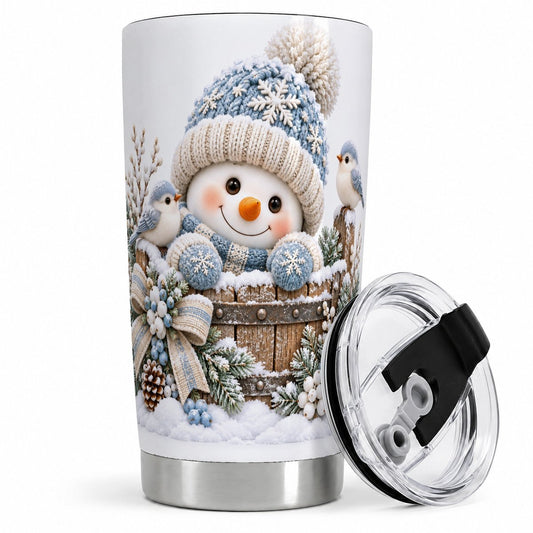 Snowman in Wooden Barrel Tumbler 20oz, Cozy Winter Art