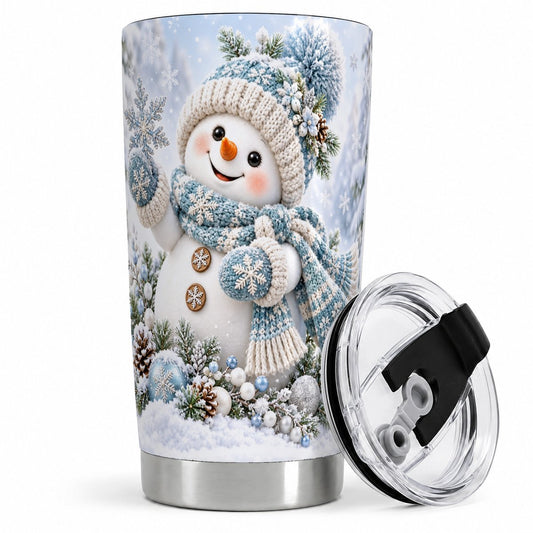 Smiling Snowman with Snowflake Tumbler 20oz, Winter Artwork
