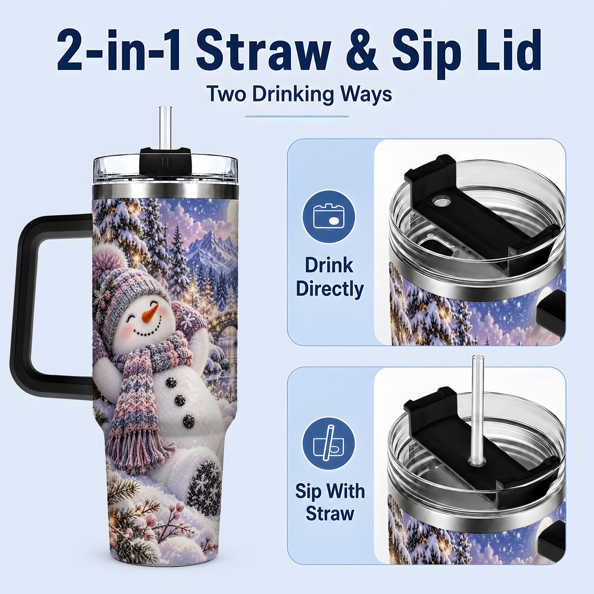 #pl[40oz|Black] Moonlit Snowman Tumbler 40oz, Cozy Winter Art