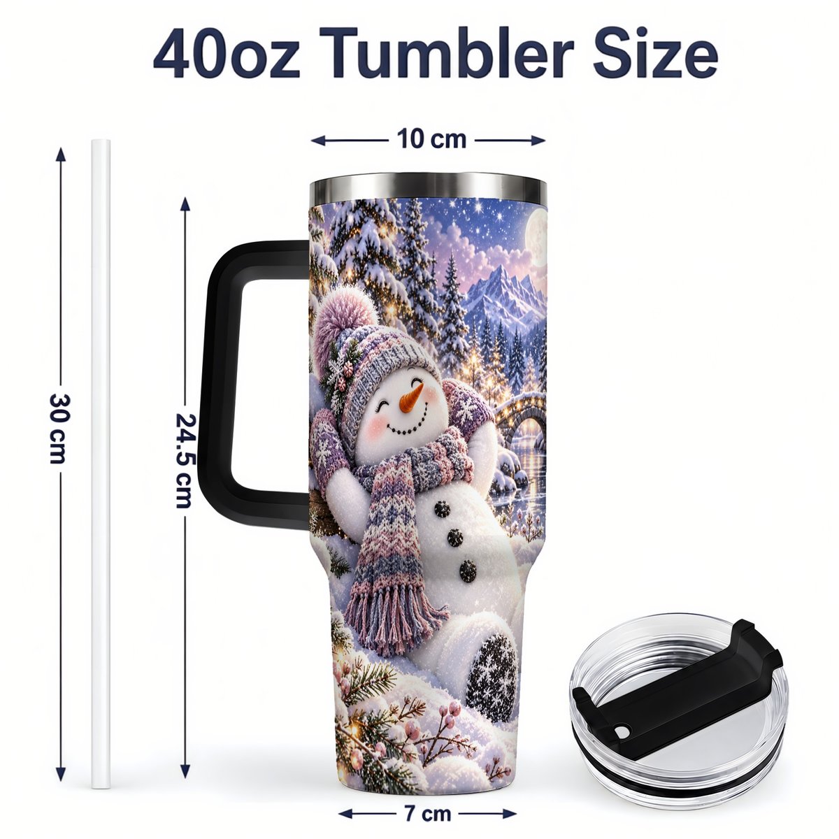 #pl[40oz|Black] Moonlit Snowman Tumbler 40oz, Cozy Winter Art