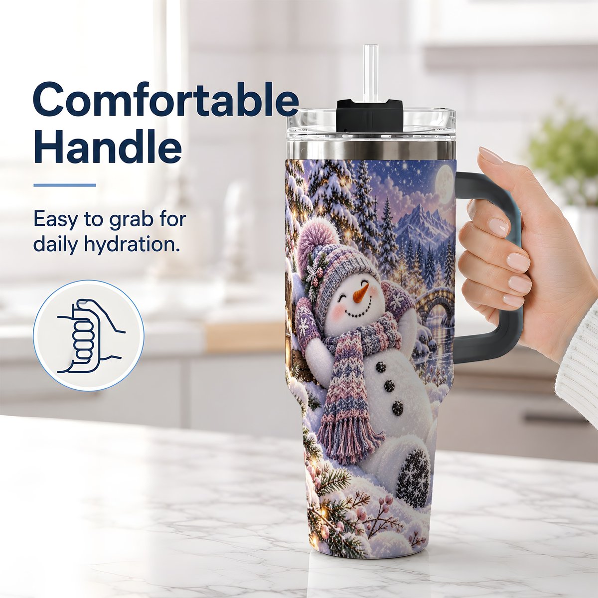 #pl[40oz|Black] Moonlit Snowman Tumbler 40oz, Cozy Winter Art
