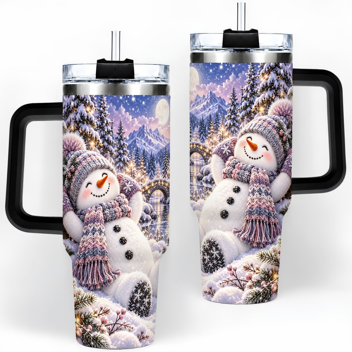 #pl[40oz|Black] Moonlit Snowman Tumbler 40oz, Cozy Winter Art