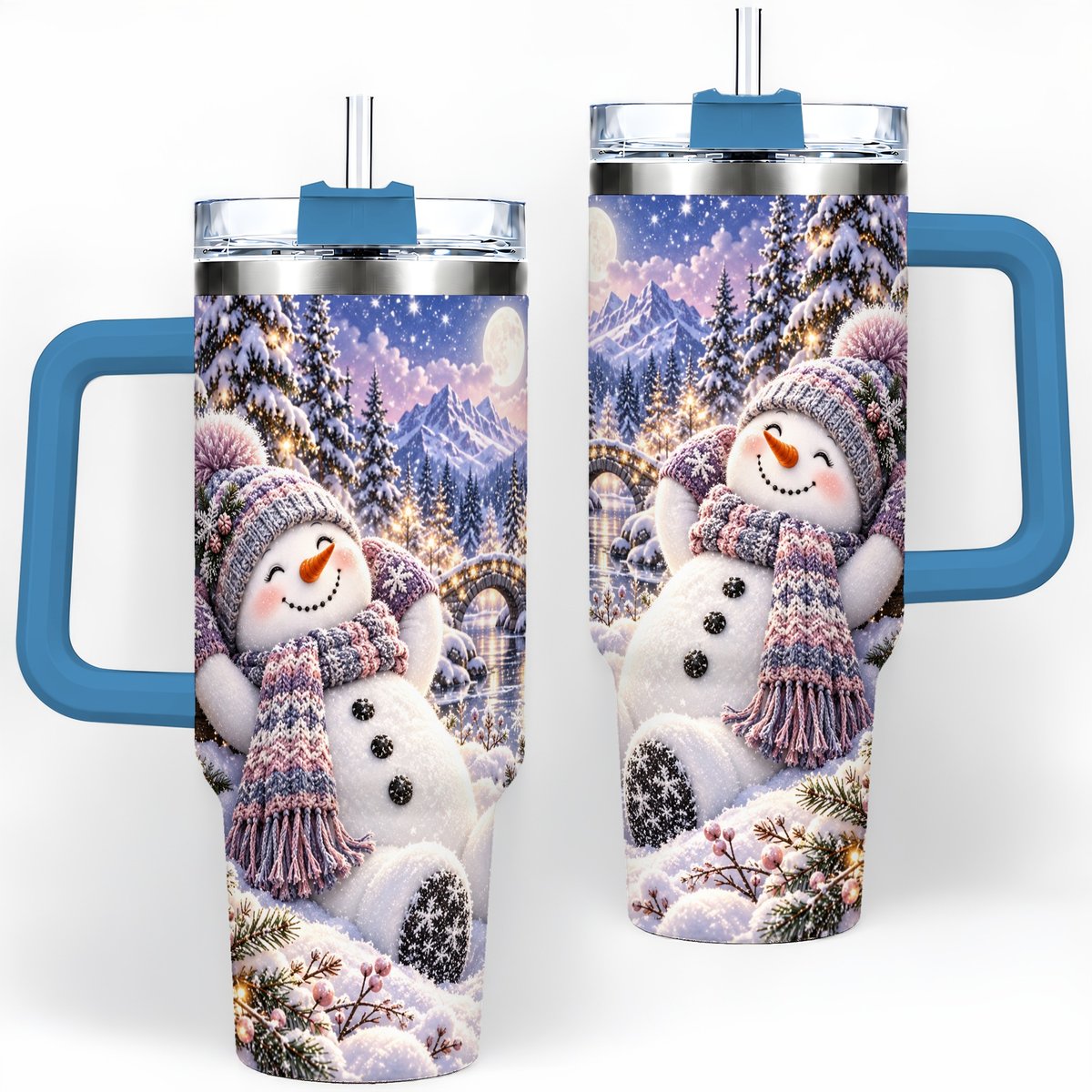 #pl[40oz|Blue] Moonlit Snowman Tumbler 40oz, Cozy Winter Art