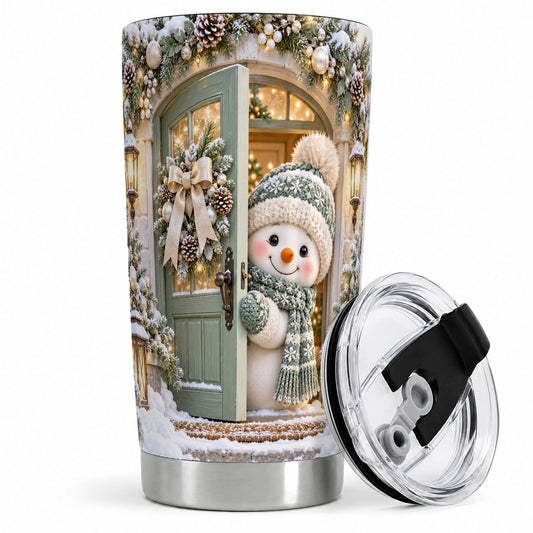 Christmas Snowman in Doorway Tumbler 20oz, Winter Scene