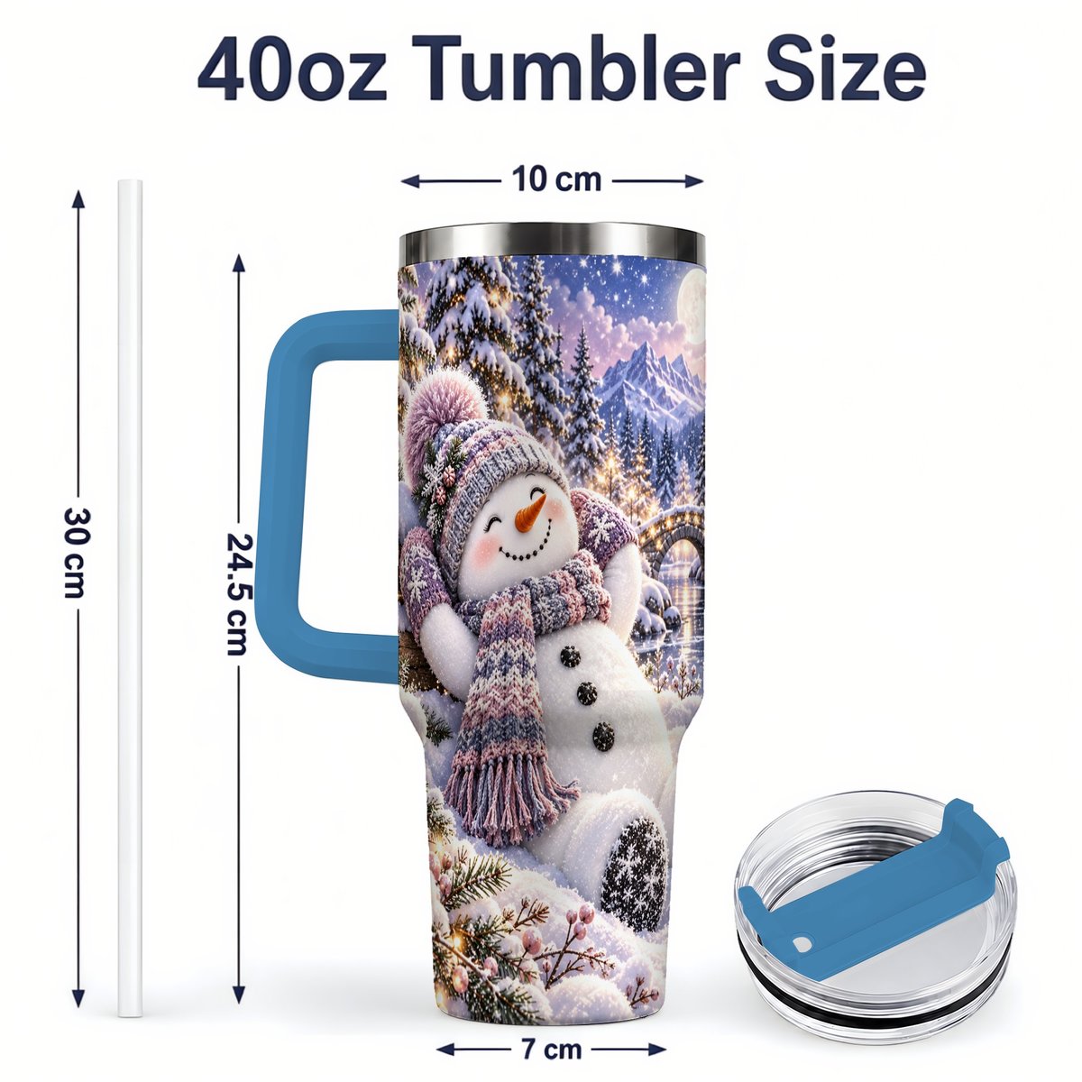 #pl[40oz|Blue] Moonlit Snowman Tumbler 40oz, Cozy Winter Art