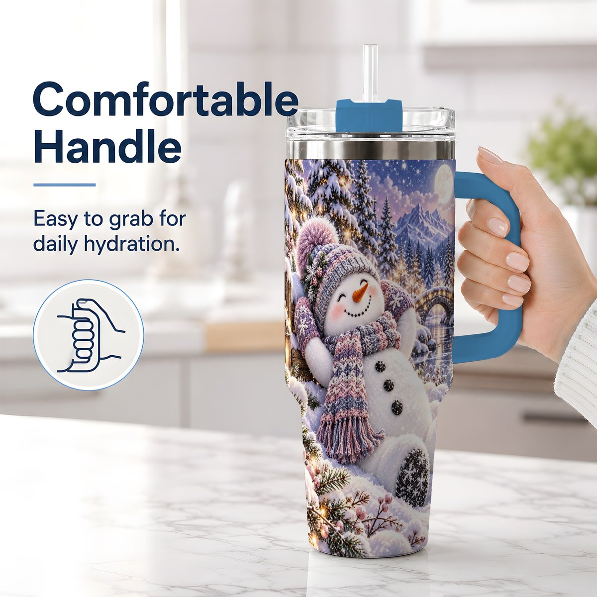 #pl[40oz|Blue] Moonlit Snowman Tumbler 40oz, Cozy Winter Art