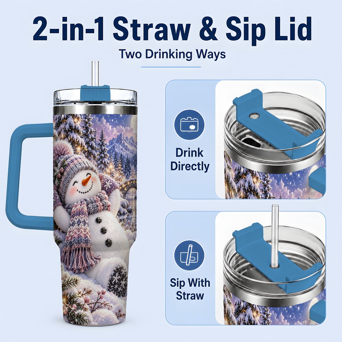 #pl[40oz|Blue] Moonlit Snowman Tumbler 40oz, Cozy Winter Art