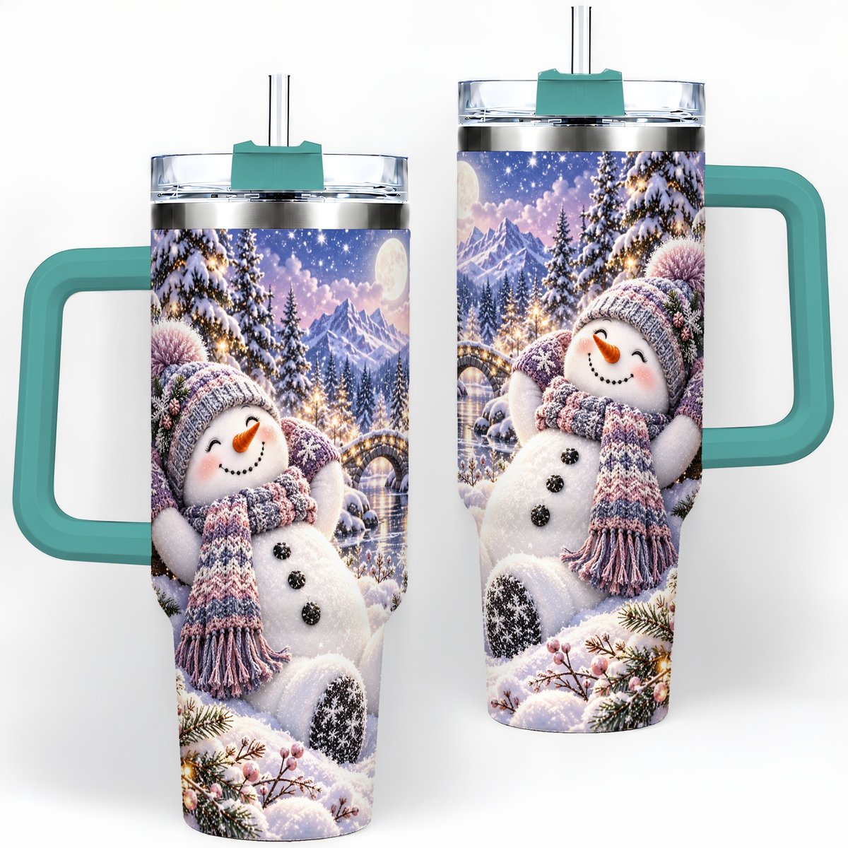 #pl[40oz|Green] Moonlit Snowman Tumbler 40oz, Cozy Winter Art