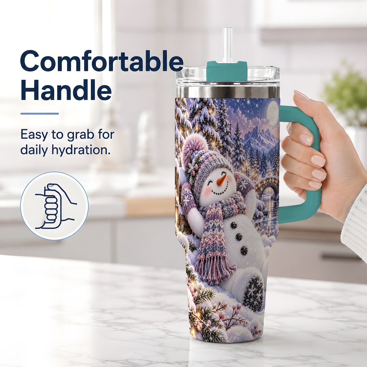 #pl[40oz|Green] Moonlit Snowman Tumbler 40oz, Cozy Winter Art
