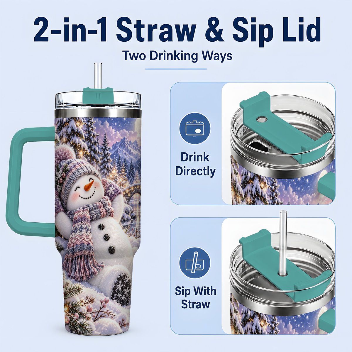 #pl[40oz|Green] Moonlit Snowman Tumbler 40oz, Cozy Winter Art