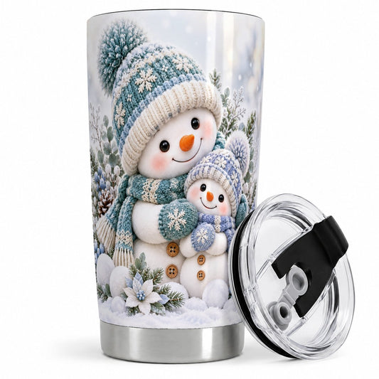 Hugging Snowmen Tumbler 20oz, Blue Winter Artwork