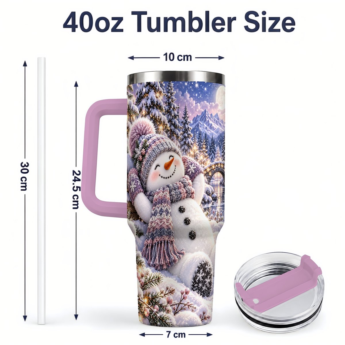 #pl[40oz|Pink] Moonlit Snowman Tumbler 40oz, Cozy Winter Art